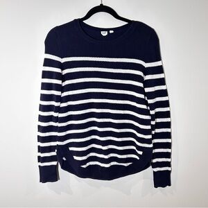 GAP Navy and White Striped Crew Neck Sweater, Size XS, curved detail at bottom
